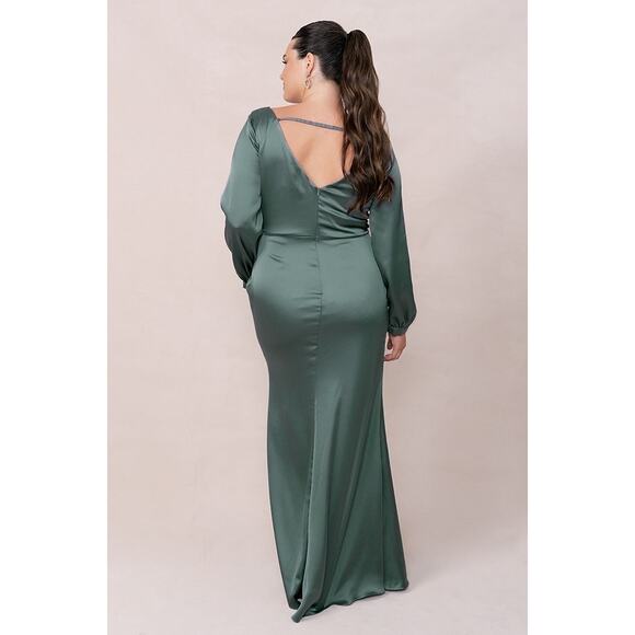 Revelry Black Vera Satin Long Sleeve V Neck Wrap Maxi Gown Plus Sz 26 Wedding - Picture 2 of 9